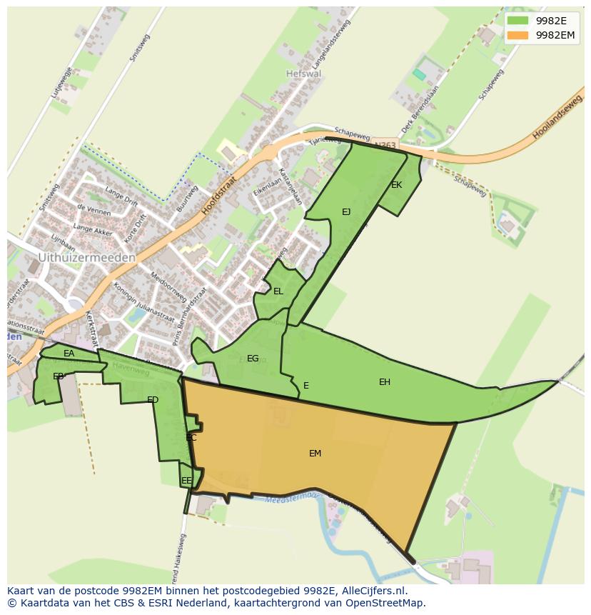Afbeelding van het postcodegebied 9982 EM op de kaart.