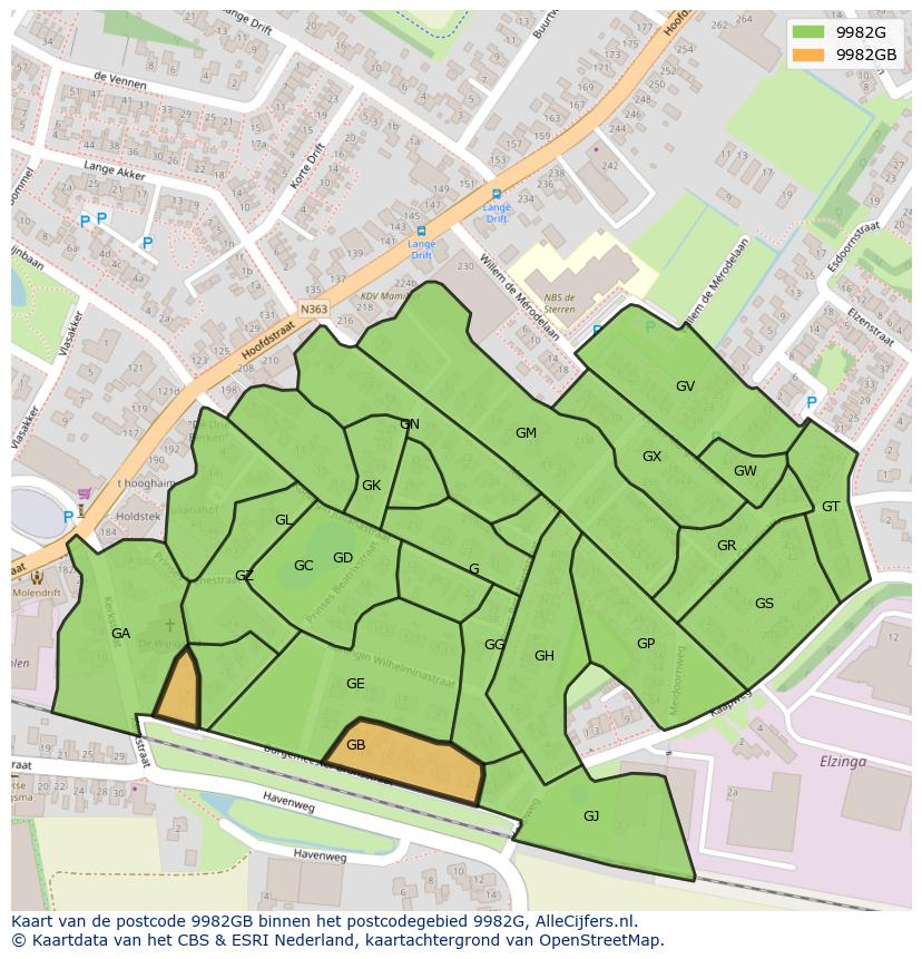 Afbeelding van het postcodegebied 9982 GB op de kaart.