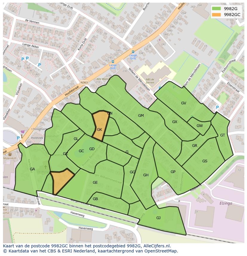 Afbeelding van het postcodegebied 9982 GC op de kaart.