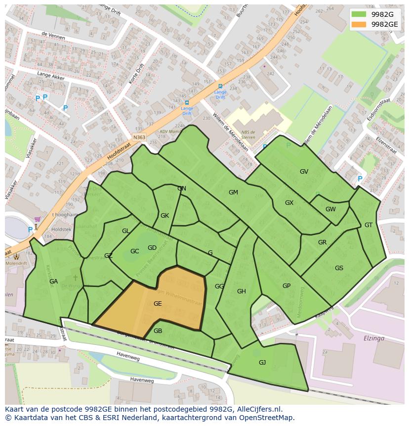 Afbeelding van het postcodegebied 9982 GE op de kaart.