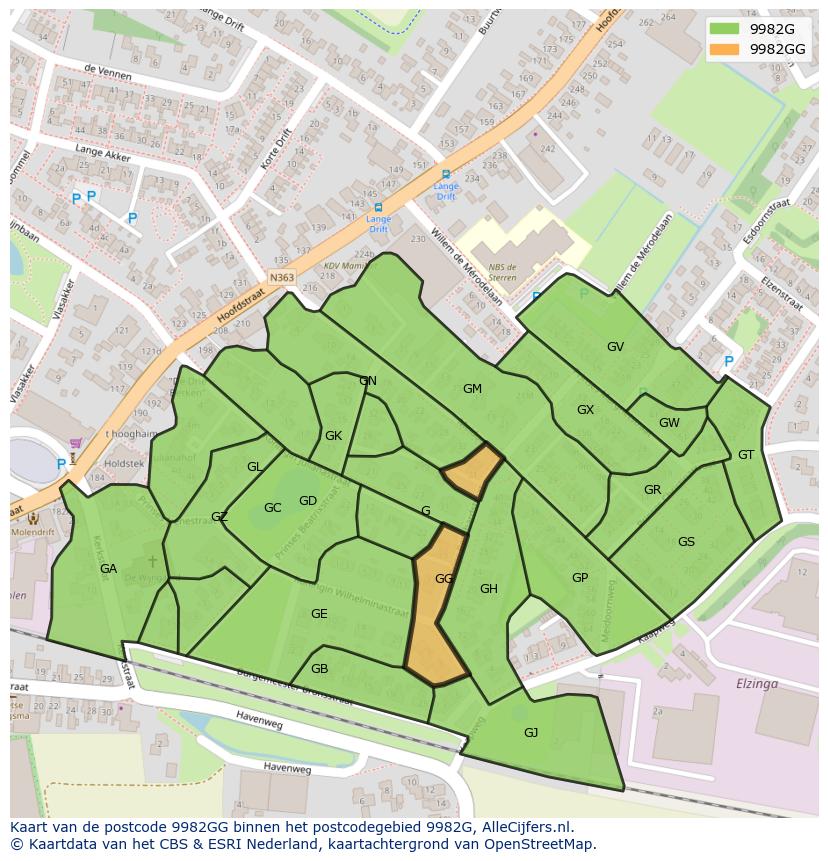 Afbeelding van het postcodegebied 9982 GG op de kaart.