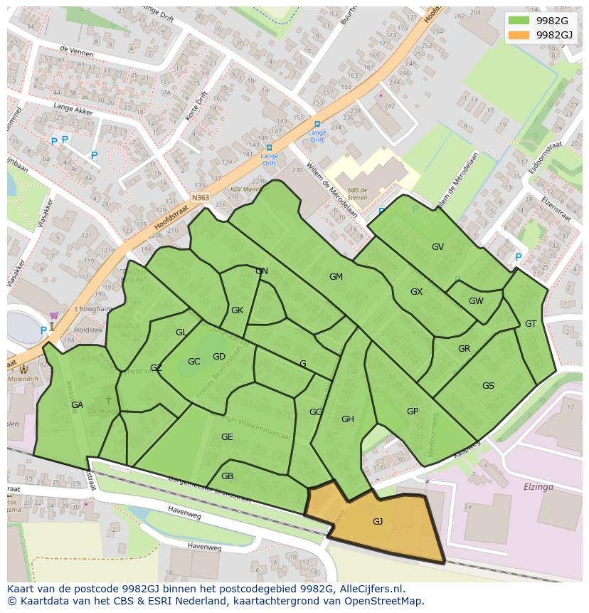 Afbeelding van het postcodegebied 9982 GJ op de kaart.