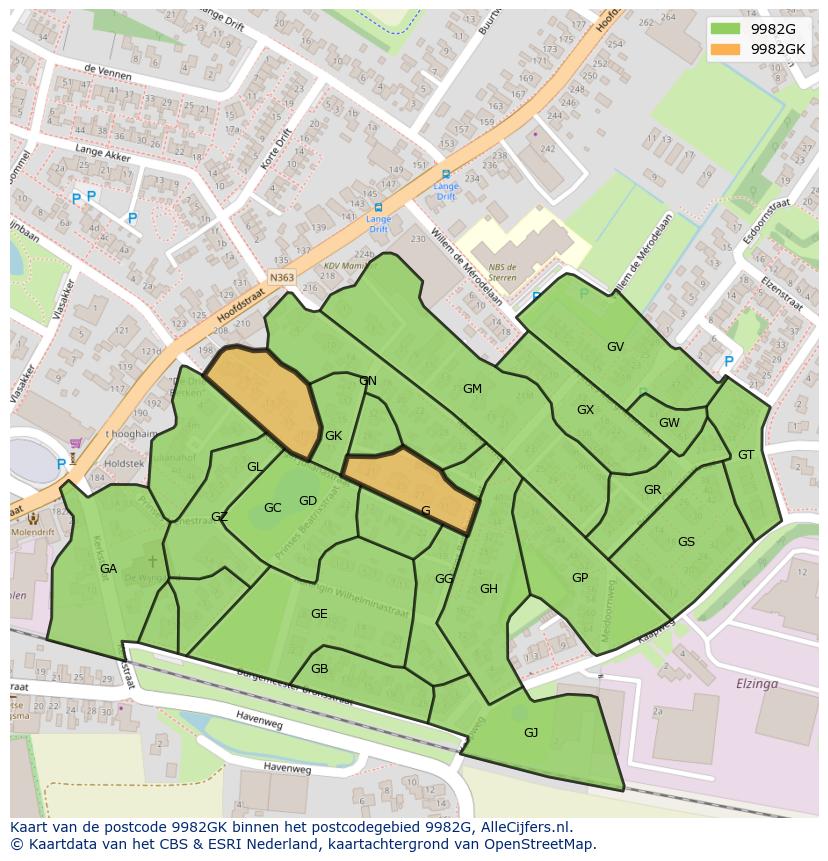 Afbeelding van het postcodegebied 9982 GK op de kaart.