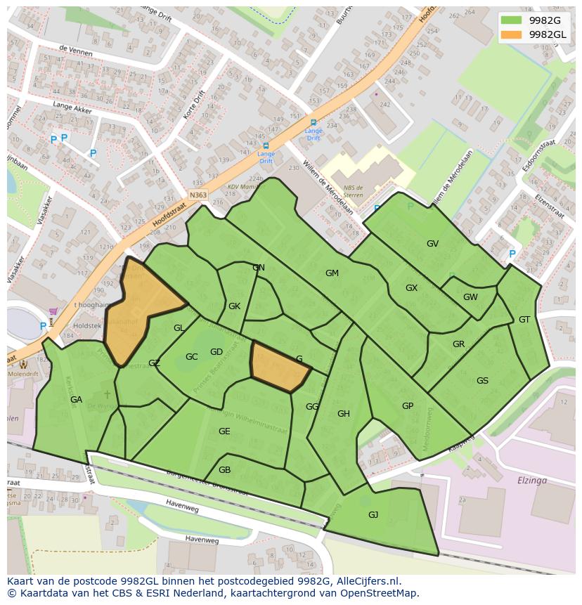 Afbeelding van het postcodegebied 9982 GL op de kaart.