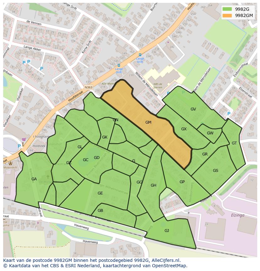Afbeelding van het postcodegebied 9982 GM op de kaart.