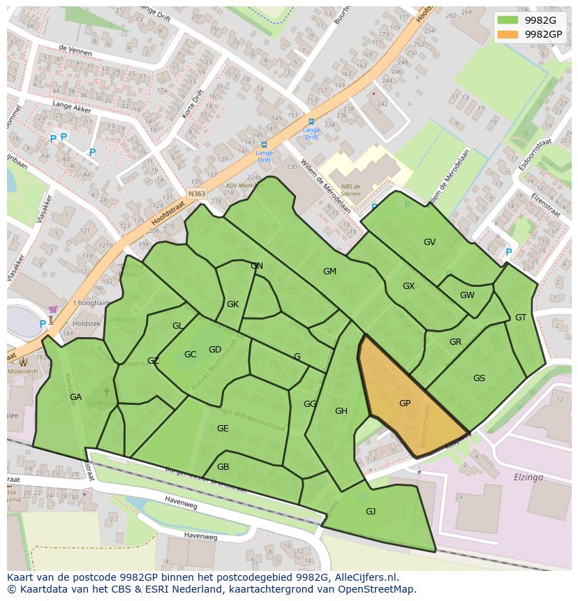Afbeelding van het postcodegebied 9982 GP op de kaart.