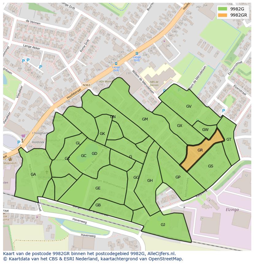 Afbeelding van het postcodegebied 9982 GR op de kaart.