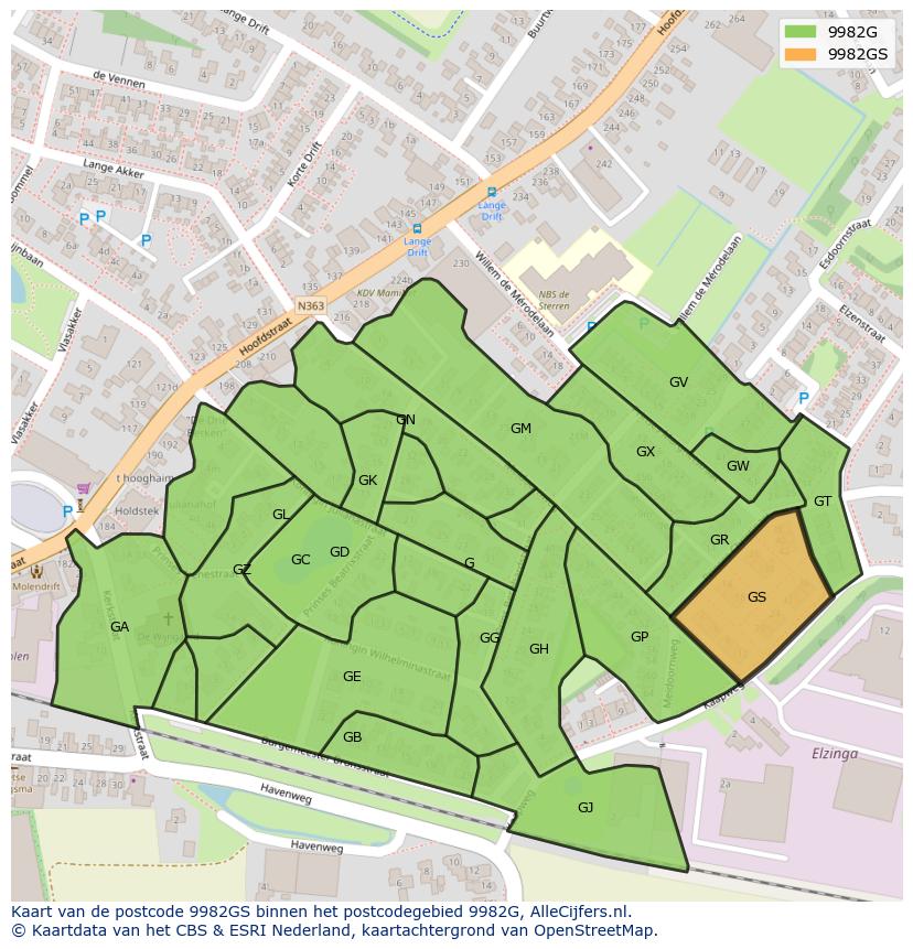 Afbeelding van het postcodegebied 9982 GS op de kaart.