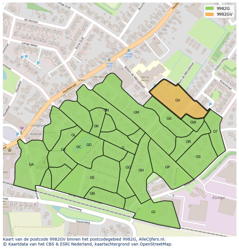 Afbeelding van het postcodegebied 9982 GV op de kaart.