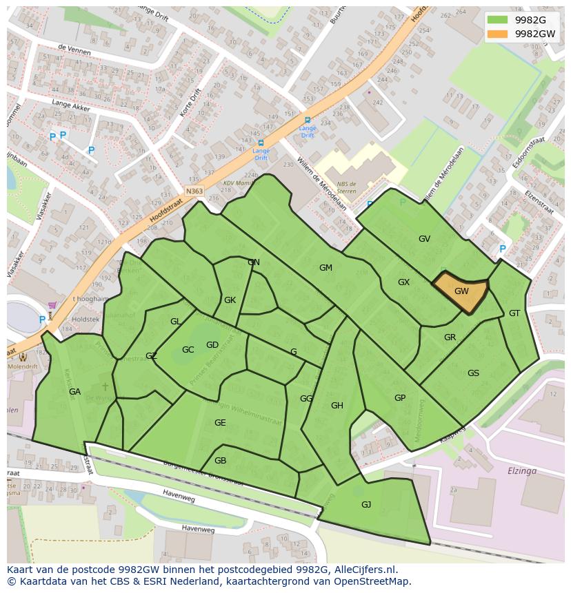 Afbeelding van het postcodegebied 9982 GW op de kaart.