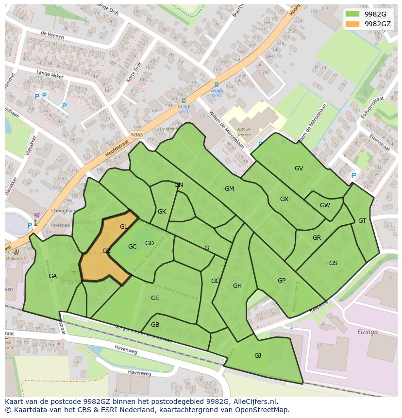Afbeelding van het postcodegebied 9982 GZ op de kaart.