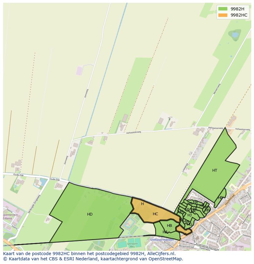 Afbeelding van het postcodegebied 9982 HC op de kaart.