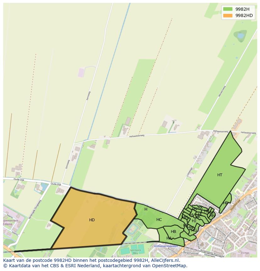Afbeelding van het postcodegebied 9982 HD op de kaart.