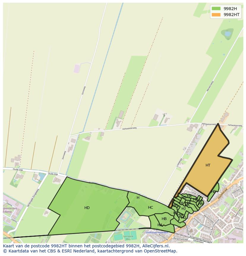 Afbeelding van het postcodegebied 9982 HT op de kaart.