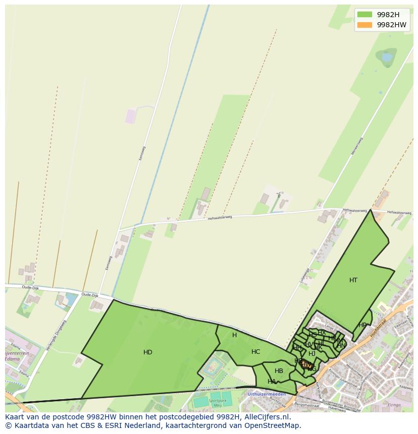Afbeelding van het postcodegebied 9982 HW op de kaart.
