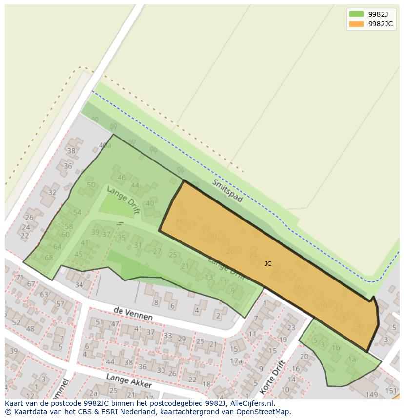 Afbeelding van het postcodegebied 9982 JC op de kaart.