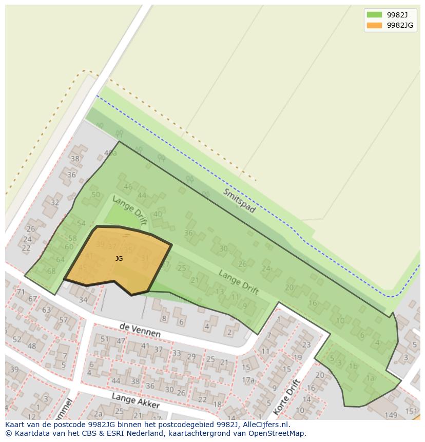 Afbeelding van het postcodegebied 9982 JG op de kaart.