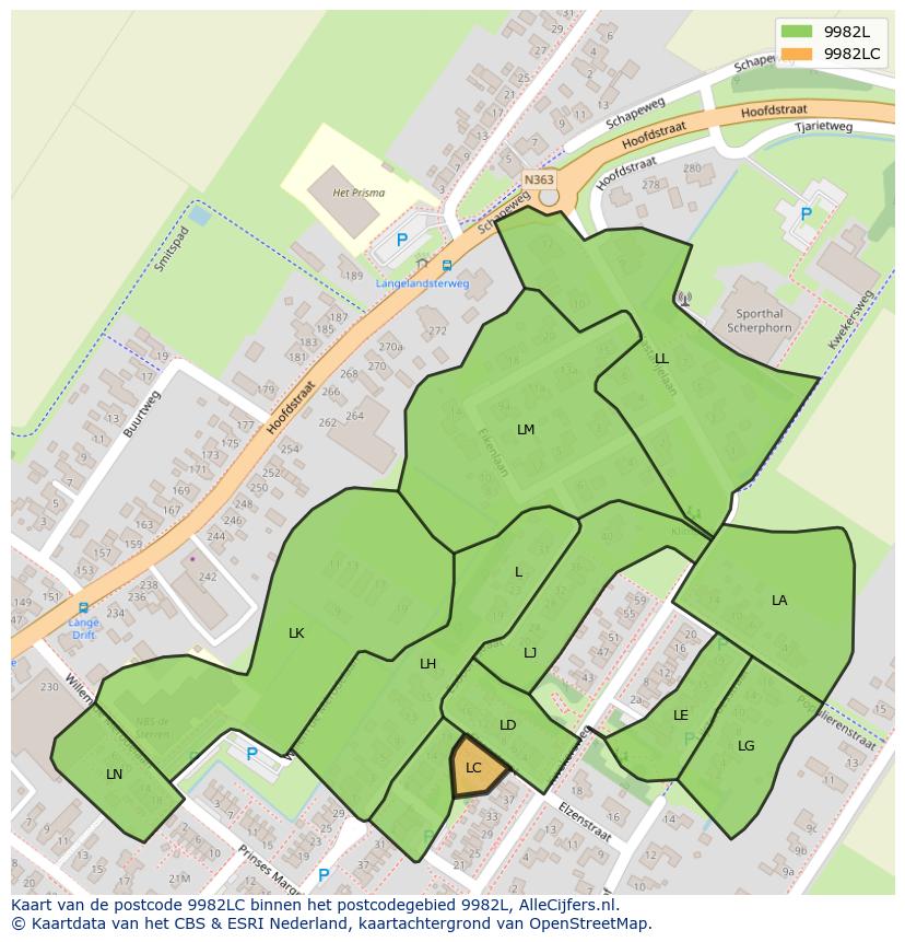 Afbeelding van het postcodegebied 9982 LC op de kaart.