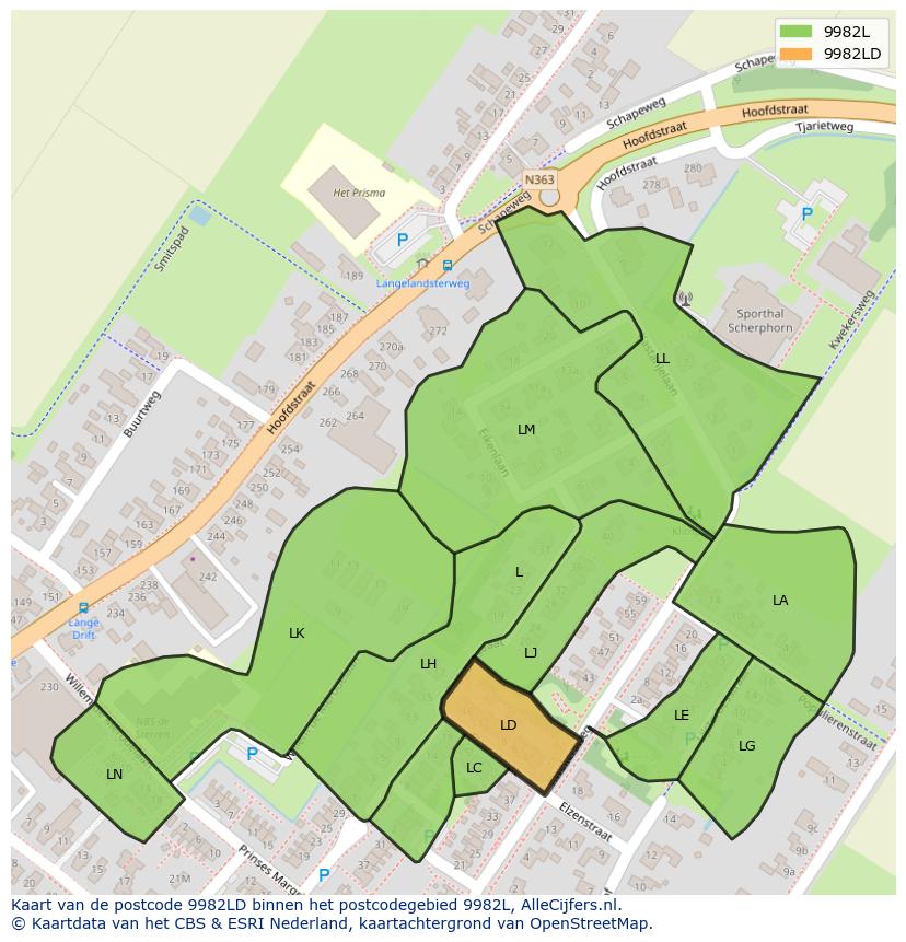 Afbeelding van het postcodegebied 9982 LD op de kaart.