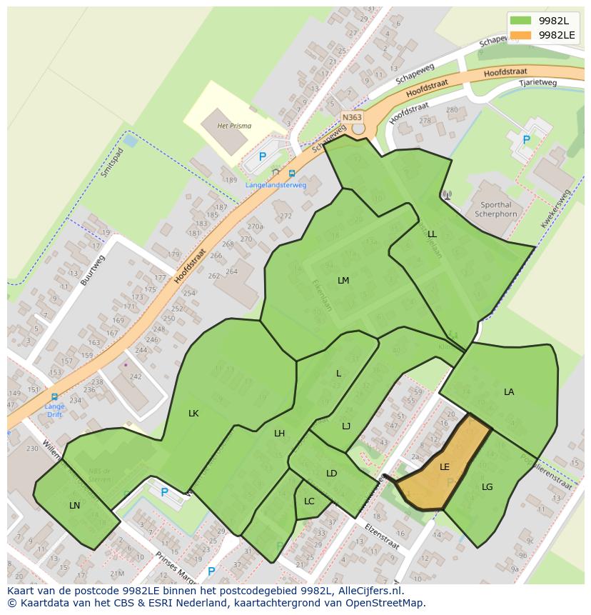 Afbeelding van het postcodegebied 9982 LE op de kaart.