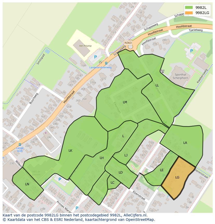 Afbeelding van het postcodegebied 9982 LG op de kaart.