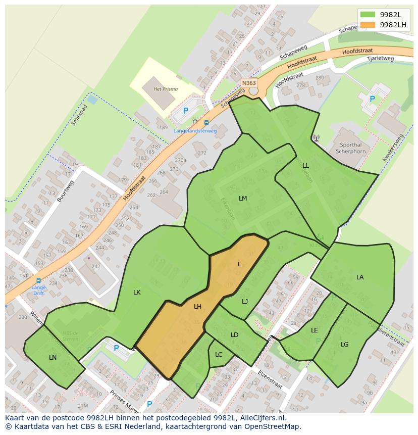 Afbeelding van het postcodegebied 9982 LH op de kaart.