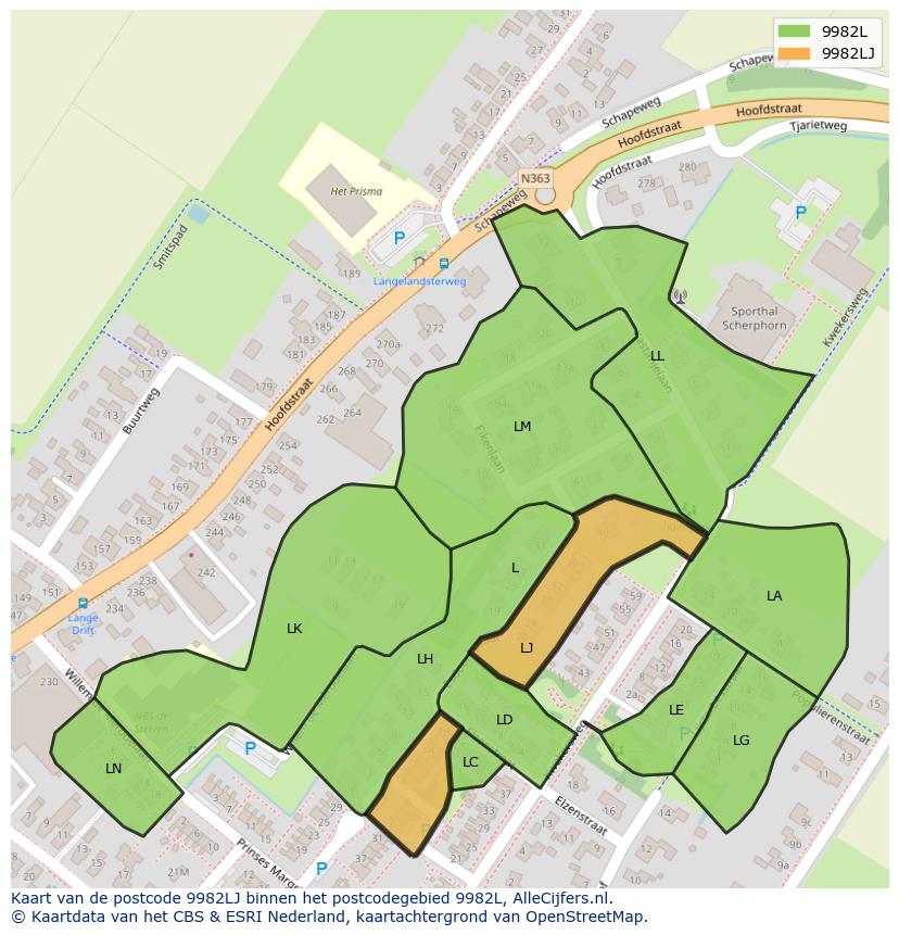Afbeelding van het postcodegebied 9982 LJ op de kaart.