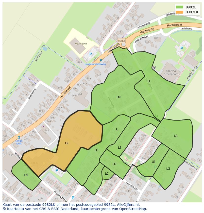 Afbeelding van het postcodegebied 9982 LK op de kaart.
