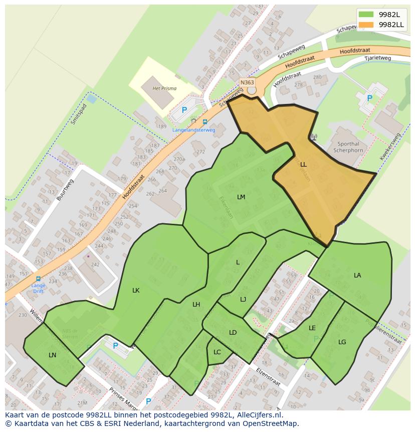Afbeelding van het postcodegebied 9982 LL op de kaart.