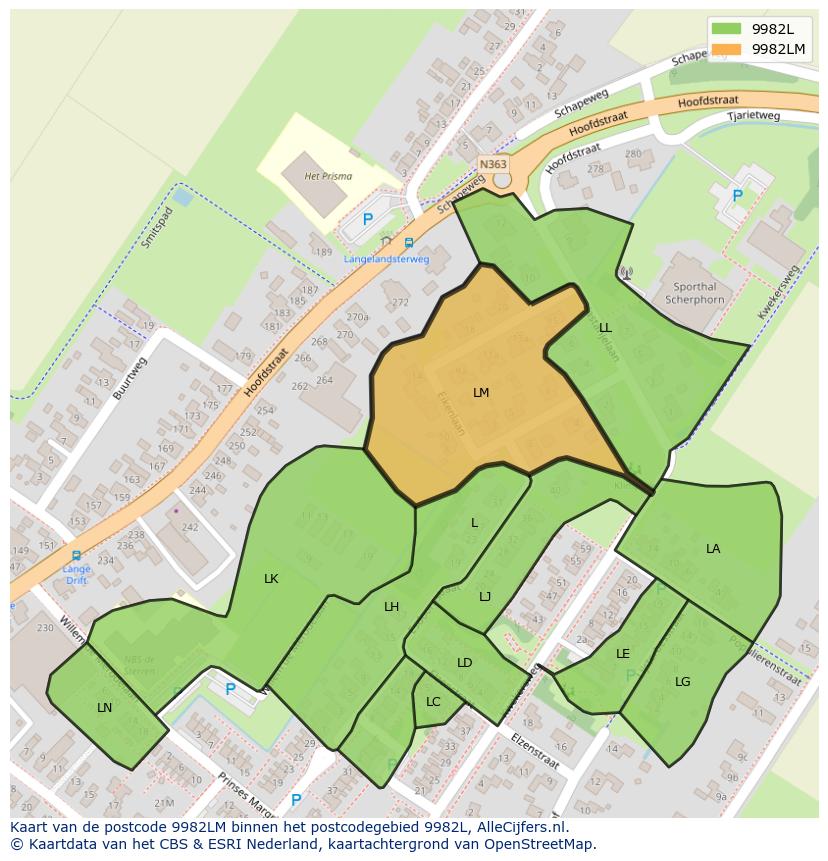 Afbeelding van het postcodegebied 9982 LM op de kaart.