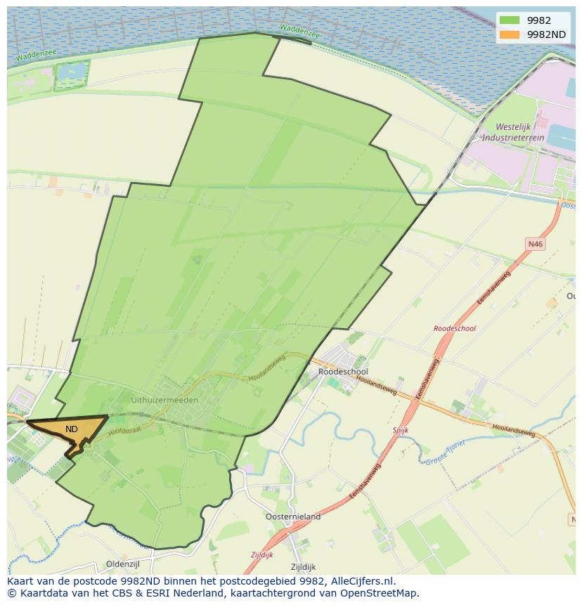 Afbeelding van het postcodegebied 9982 ND op de kaart.
