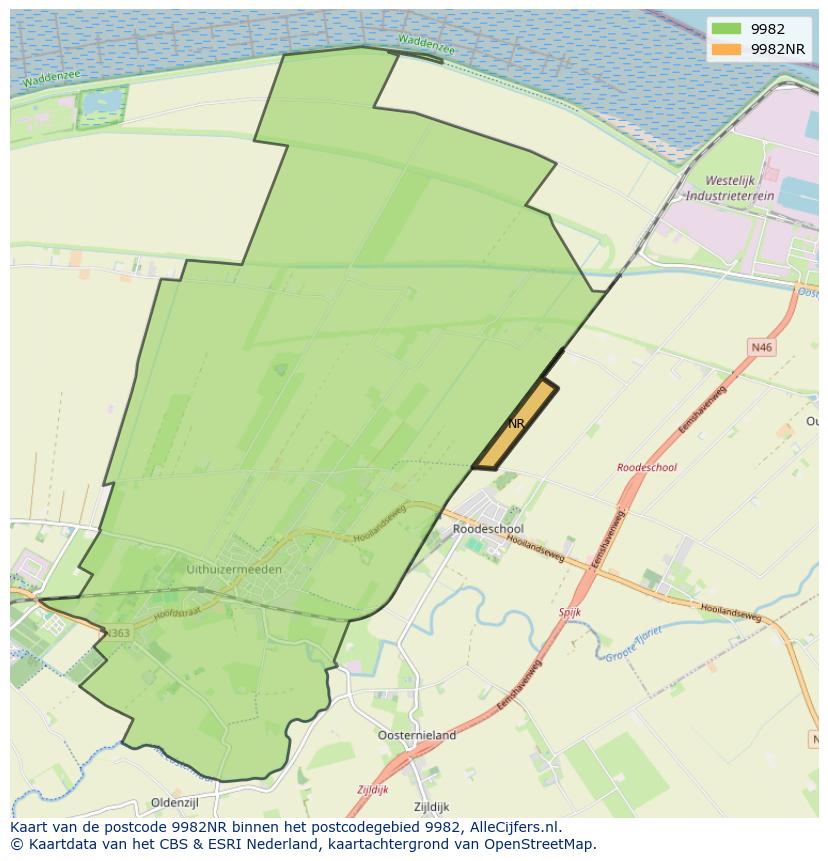 Afbeelding van het postcodegebied 9982 NR op de kaart.