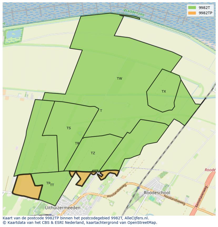 Afbeelding van het postcodegebied 9982 TP op de kaart.