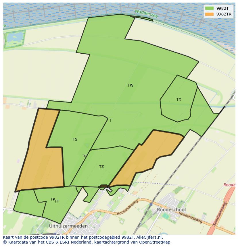 Afbeelding van het postcodegebied 9982 TR op de kaart.
