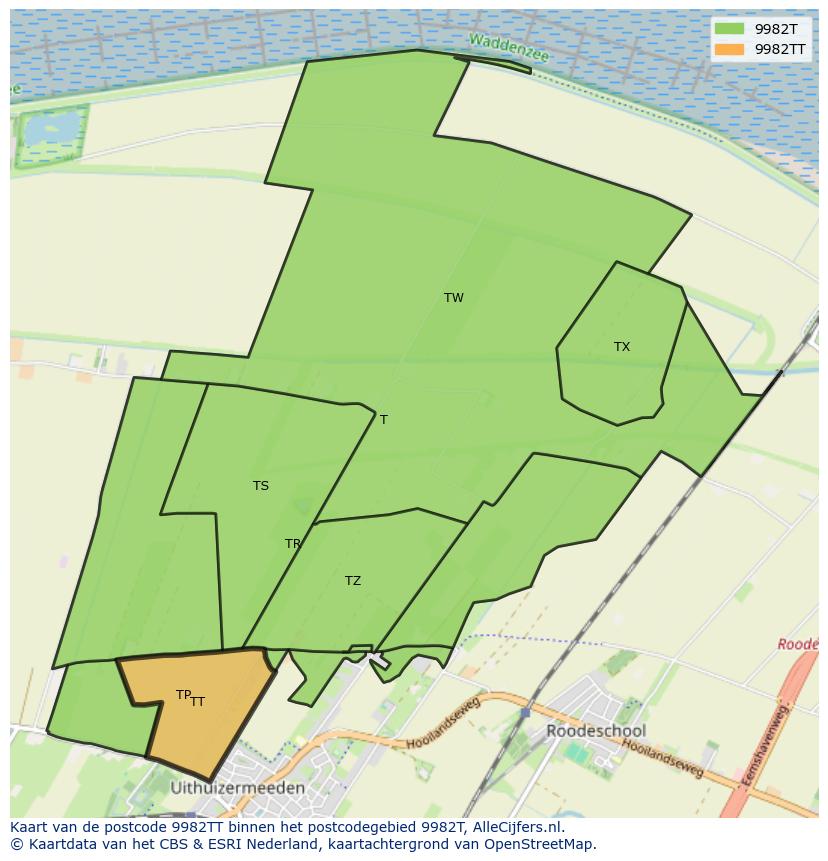 Afbeelding van het postcodegebied 9982 TT op de kaart.