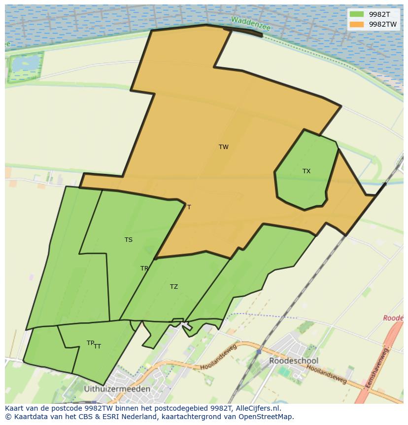 Afbeelding van het postcodegebied 9982 TW op de kaart.