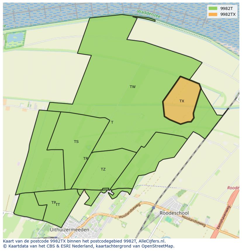 Afbeelding van het postcodegebied 9982 TX op de kaart.