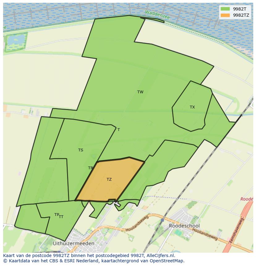 Afbeelding van het postcodegebied 9982 TZ op de kaart.