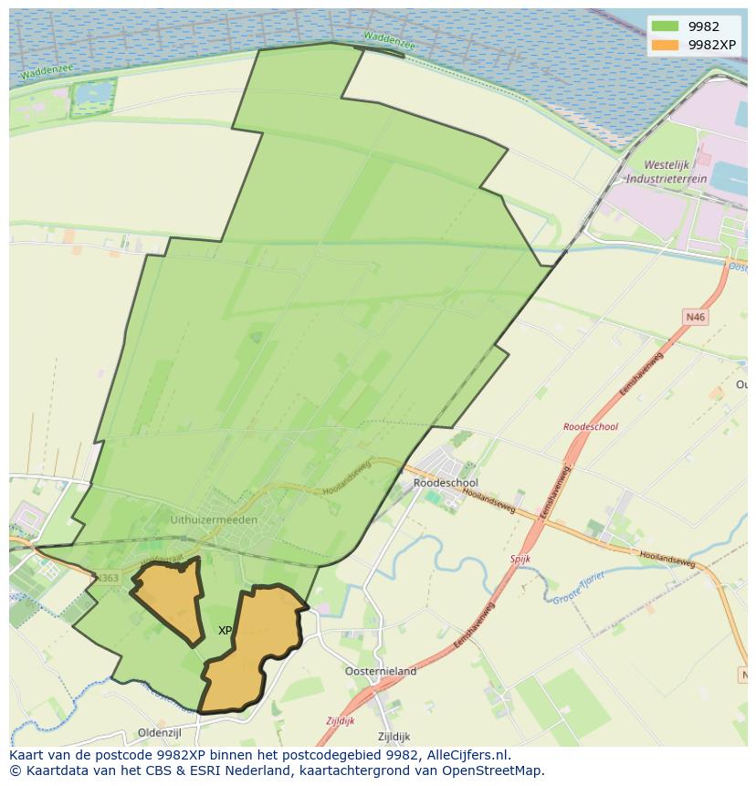 Afbeelding van het postcodegebied 9982 XP op de kaart.