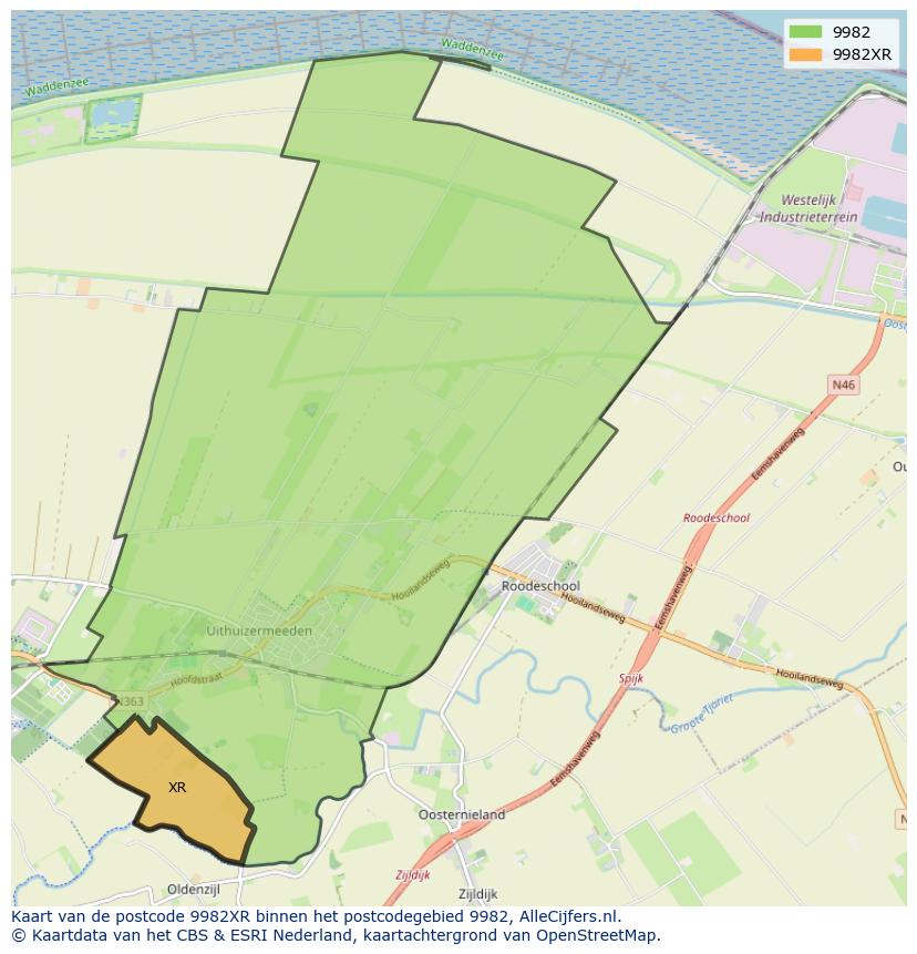 Afbeelding van het postcodegebied 9982 XR op de kaart.