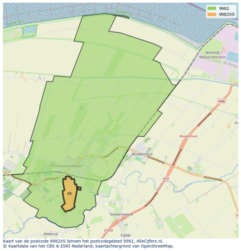 Afbeelding van het postcodegebied 9982 XS op de kaart.