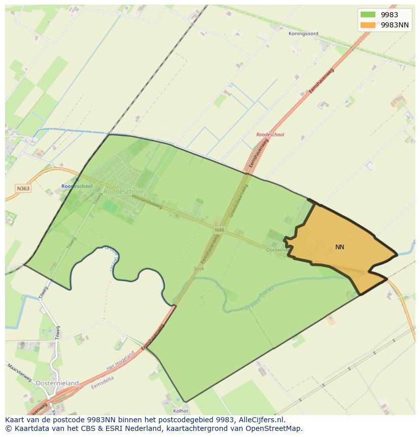 Afbeelding van het postcodegebied 9983 NN op de kaart.