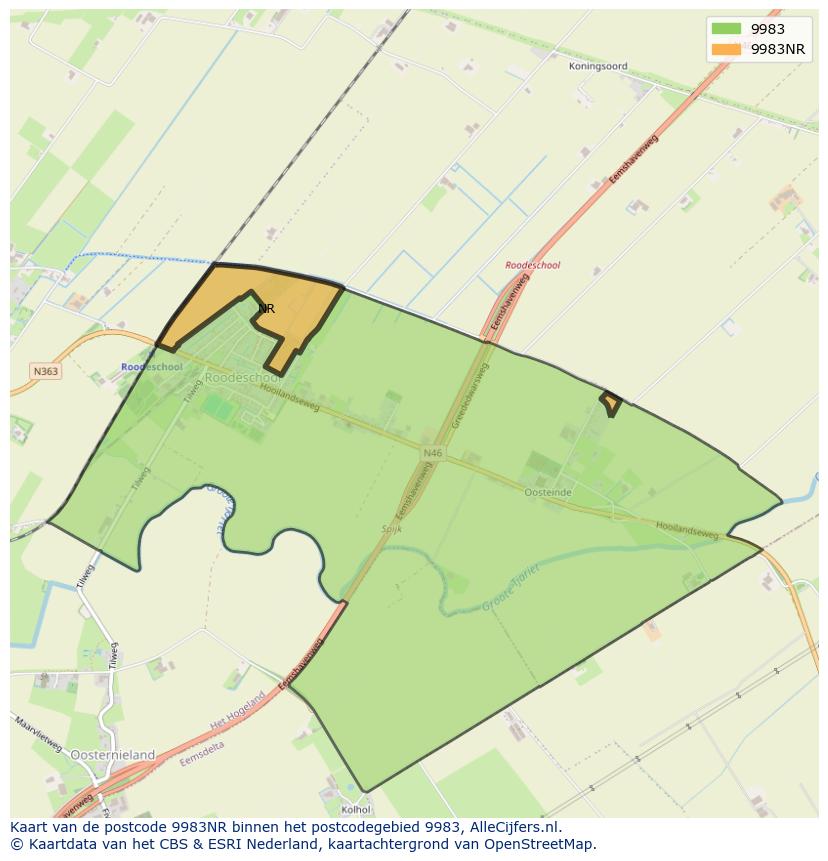 Afbeelding van het postcodegebied 9983 NR op de kaart.