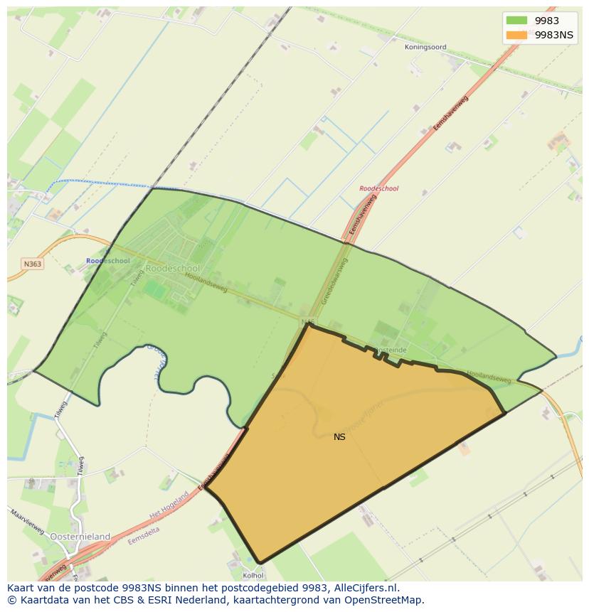 Afbeelding van het postcodegebied 9983 NS op de kaart.