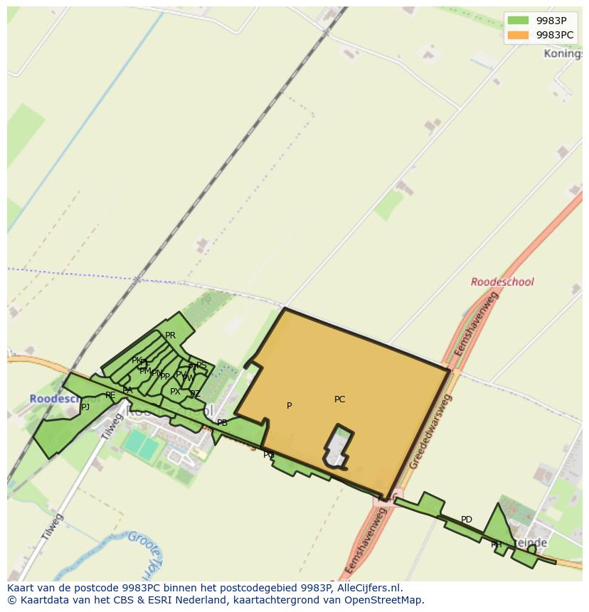 Afbeelding van het postcodegebied 9983 PC op de kaart.