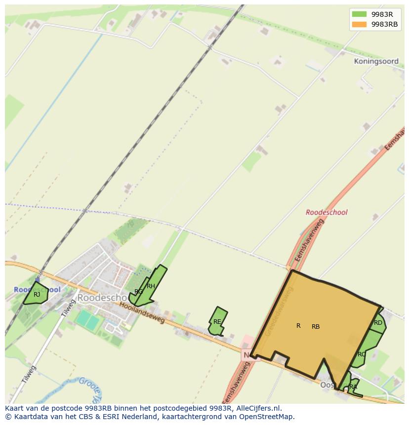 Afbeelding van het postcodegebied 9983 RB op de kaart.