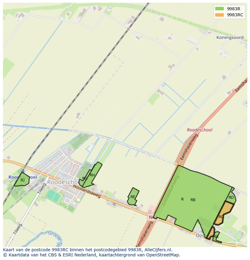Afbeelding van het postcodegebied 9983 RC op de kaart.
