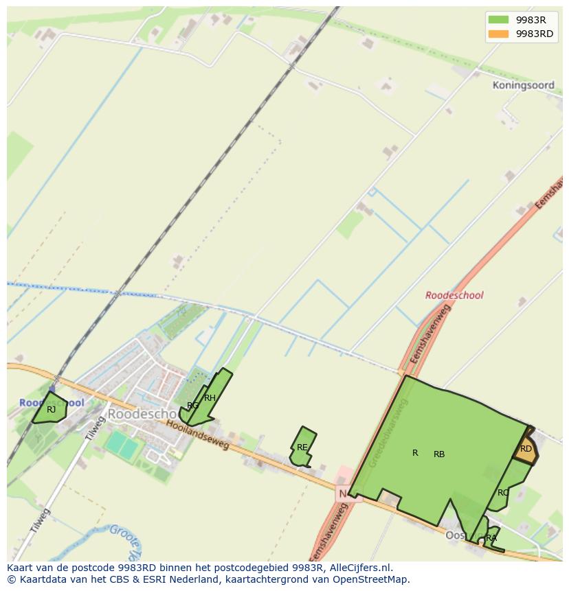 Afbeelding van het postcodegebied 9983 RD op de kaart.