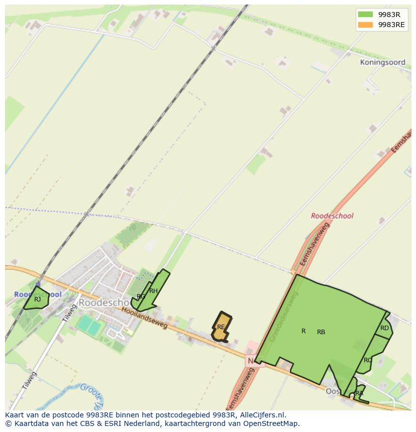 Afbeelding van het postcodegebied 9983 RE op de kaart.