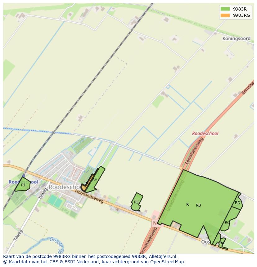 Afbeelding van het postcodegebied 9983 RG op de kaart.